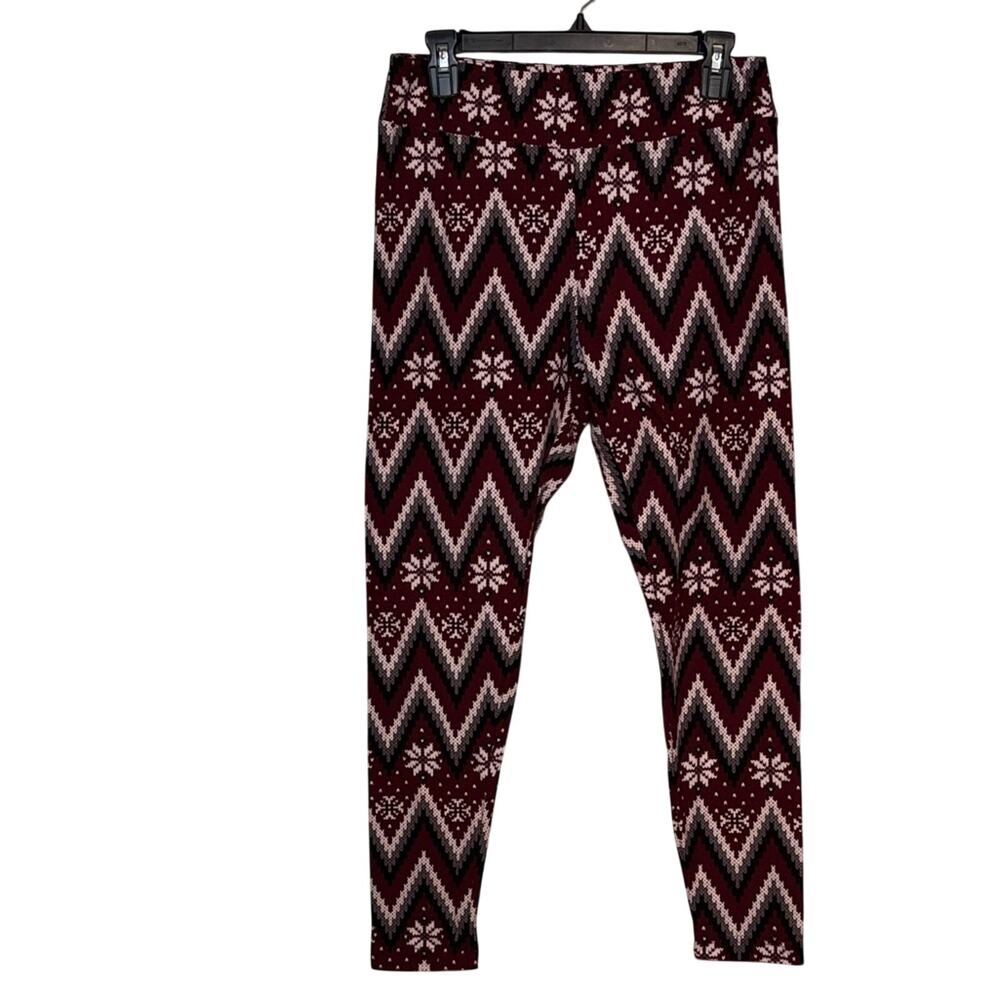 Faded Glory Leggings Womens Large Red Fair Isle Nordic Print Stretch Cozy
